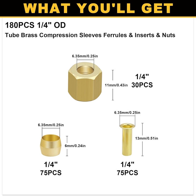 Siptenk 180PCS 1/4" Brass Compression Fittings Sleeves Ferrules Inserts Nuts Assortment Kit, Brass Ferrule Tubing Insert for Air Hose Lines - Image 2